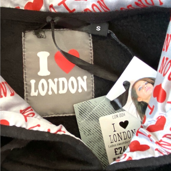 🇬🇧 I ❤️ London Hoodie Black Sequin Font & Union Jack Heart w/ Drawstring Sz S - Picture 3 of 9